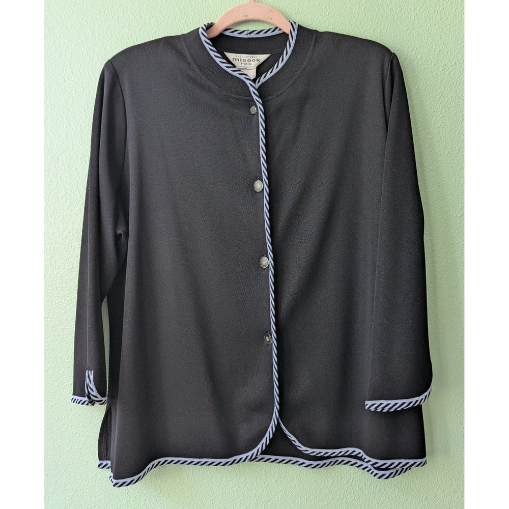 Misook Petite XL Knit Jacket Black Blue Striped Trim Button Front Shoulder Pads